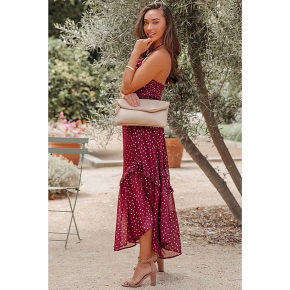 LAST ONE! Gold Polka Dot Halter Maxi Dress With With Ruffles - Picture 3 of 7